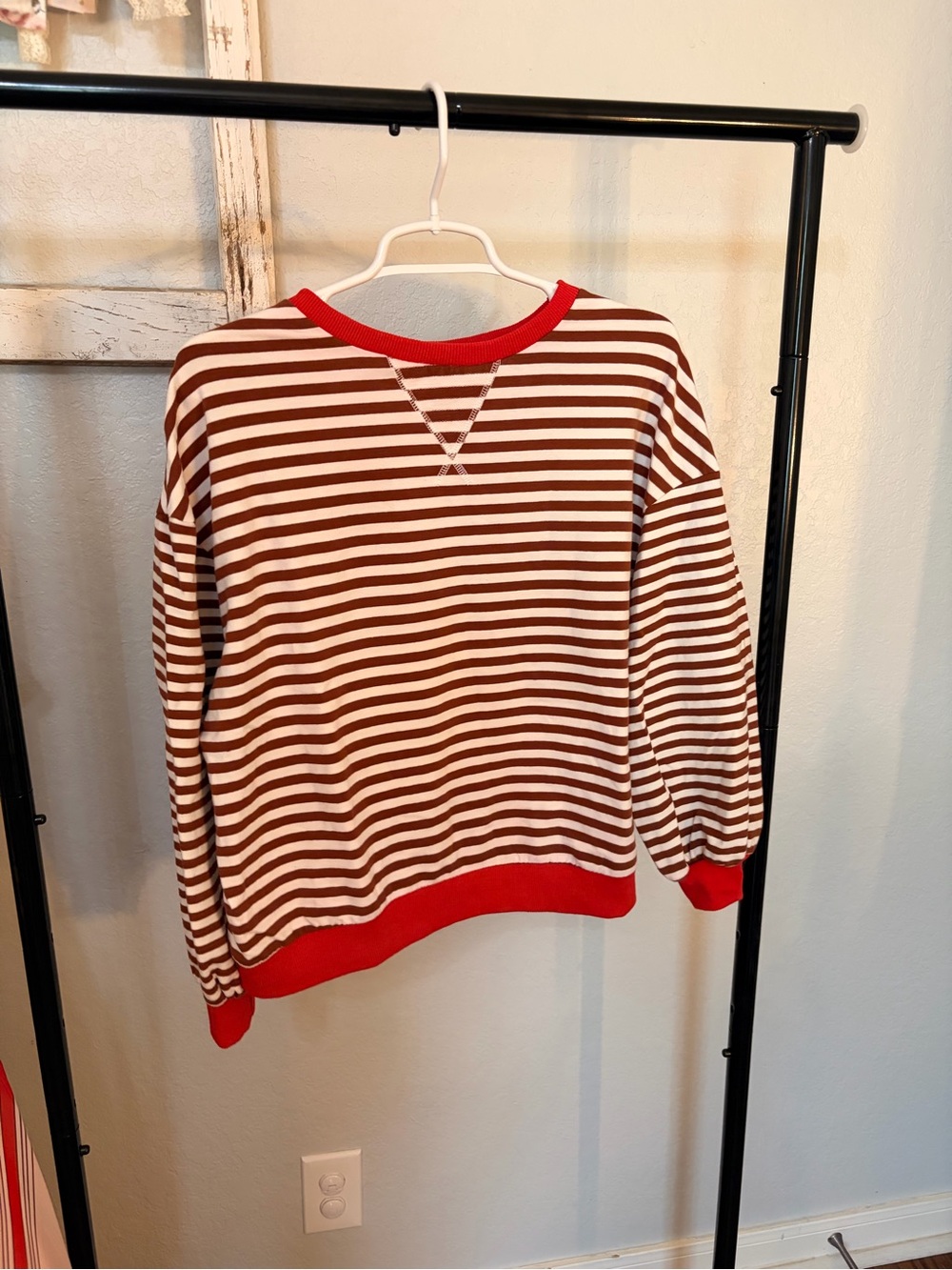 Striped Brown & White Crewneck Sweater with Red Trim